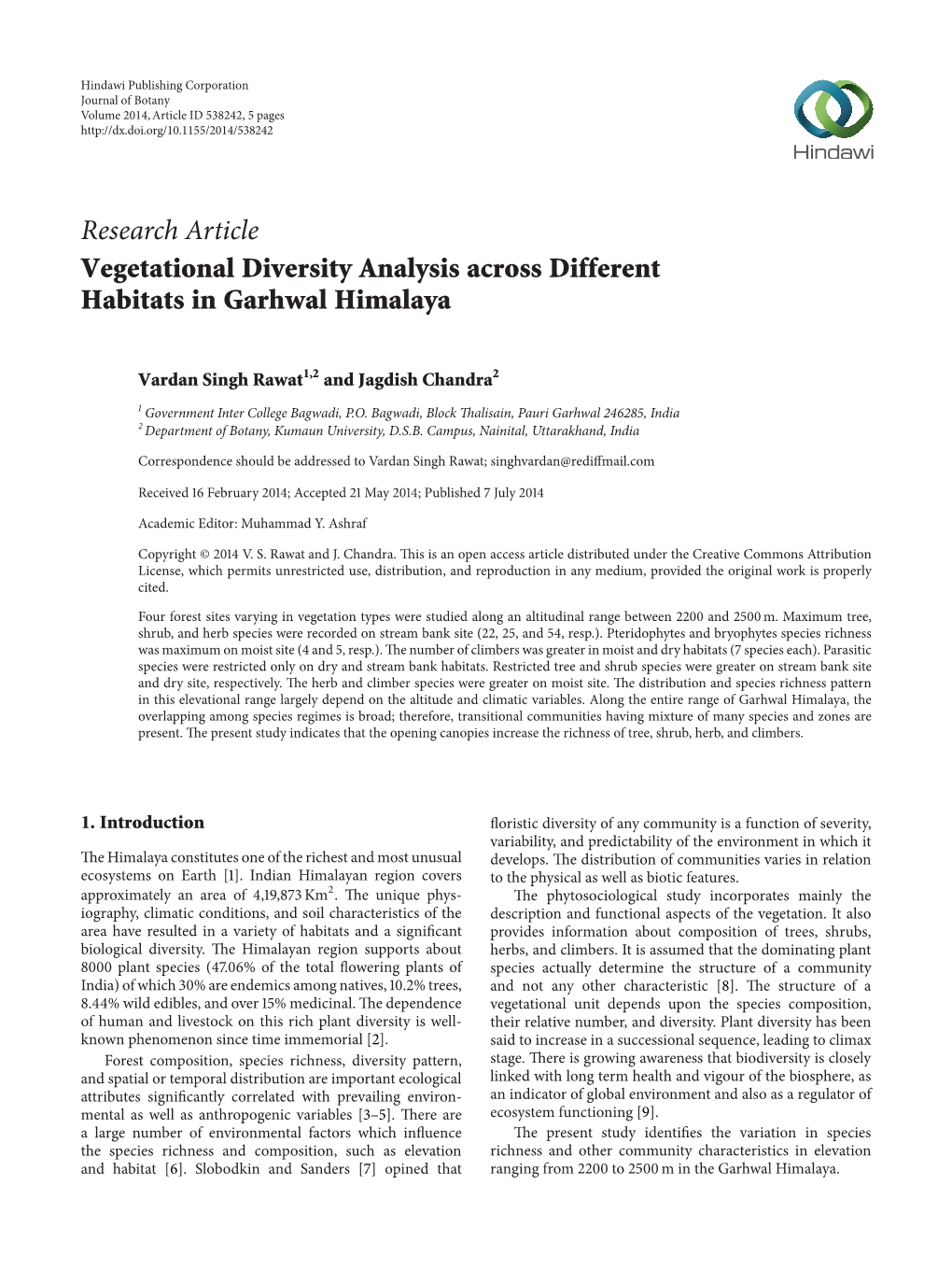 Vegetational Diversity Analysis Across Different Habitats in Garhwal Himalaya