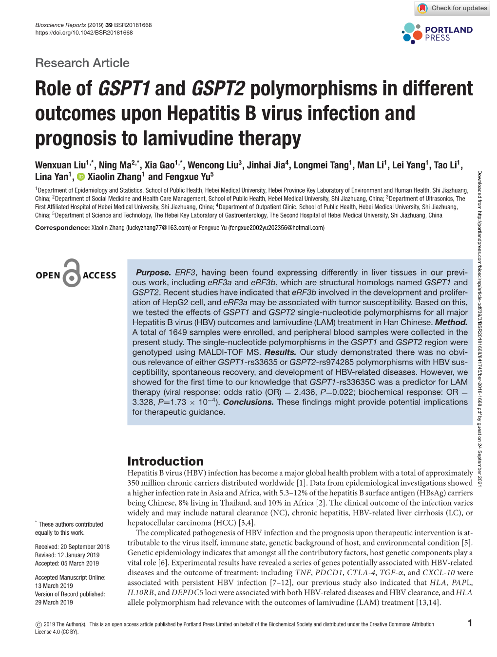 Role of GSPT1 and GSPT2 Polymorphisms in Different Outcomes Upon Hepatitis B Virus Infection and Prognosis to Lamivudine Therapy