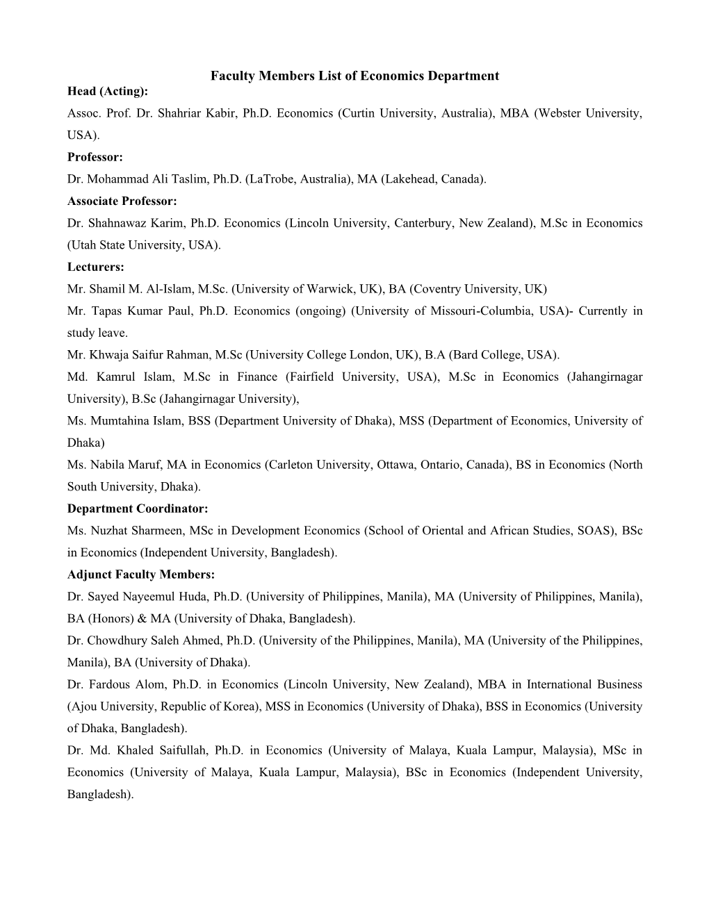 Faculty Members List of Economics Department Head (Acting): Assoc