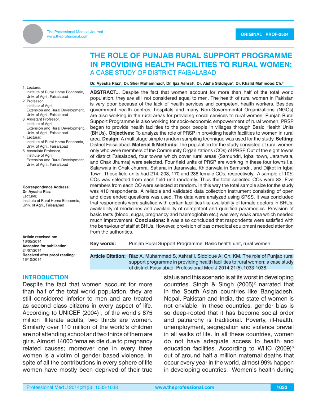 The Role of Punjab Rural Support Programme in Providing Health Facilities to Rural Women; a Case Study of District Faisalabad