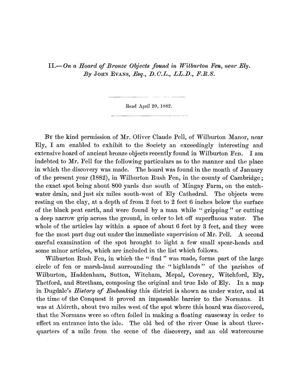 On a Hoard of Bronze Objects Found in Wilburton Fen, Near Ely. by JOHN EVANS, Esq., D.G.L., LL.B., F.B.S