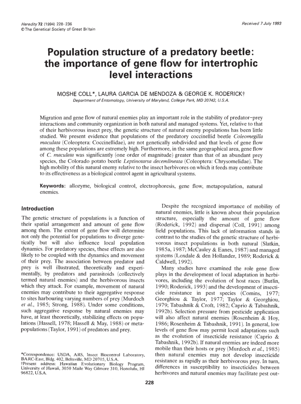 Population Structure of a Predatory Beetle: the Importance of Gene Flow for Intertrophic Level Interactions