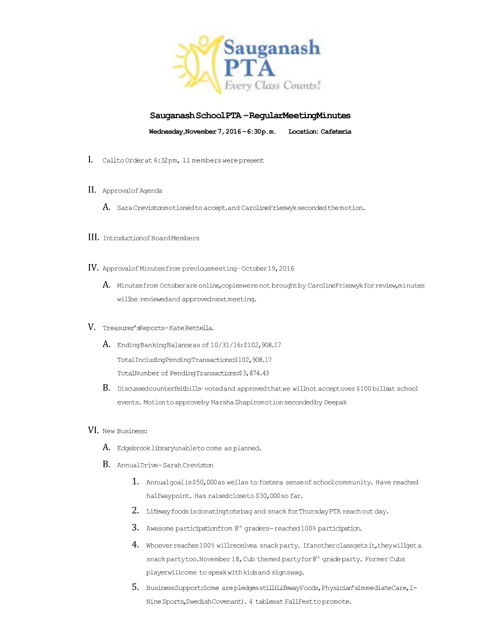 Sauganash School PTA Regular Meeting Minutes