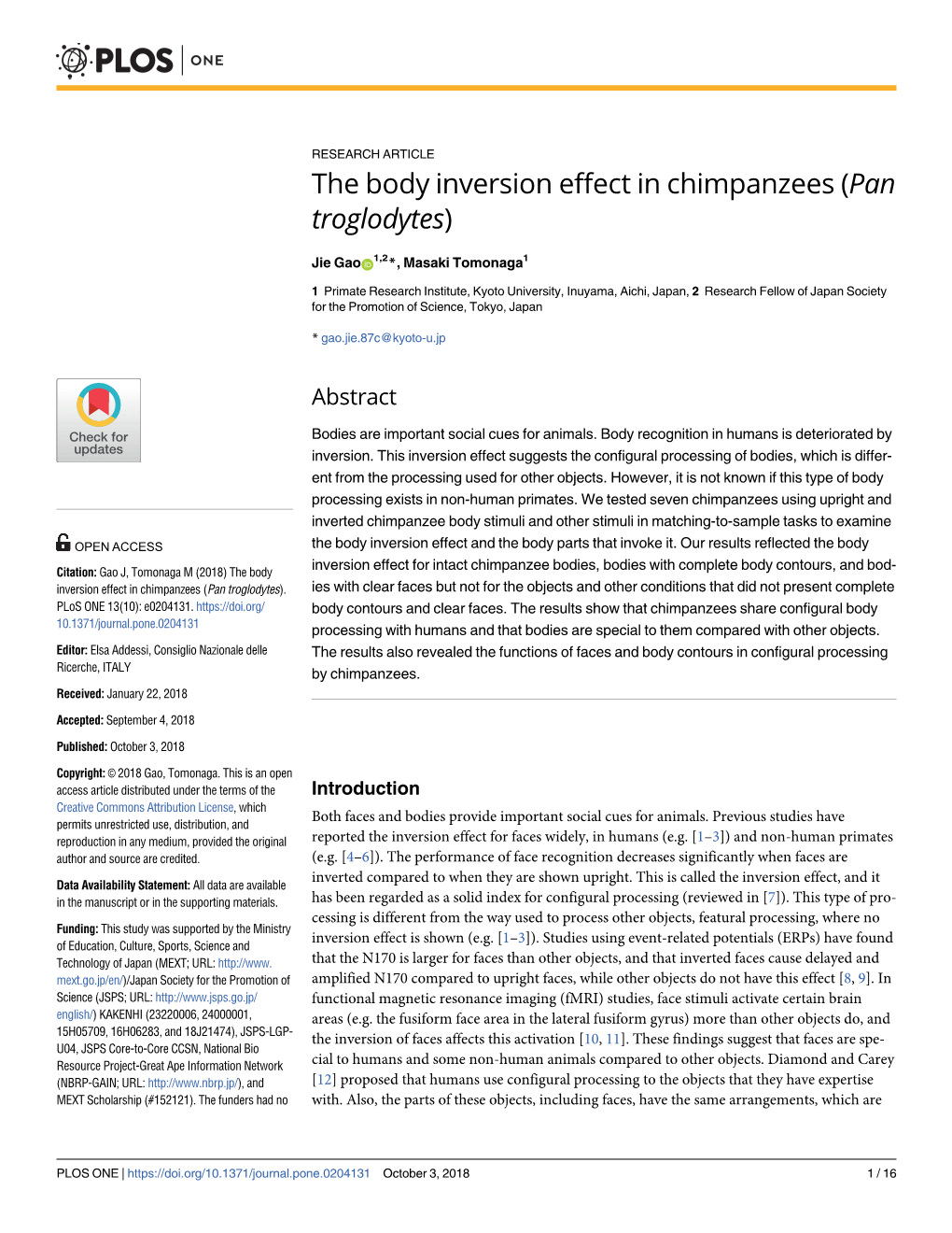 The Body Inversion Effect in Chimpanzees (Pan Troglodytes)