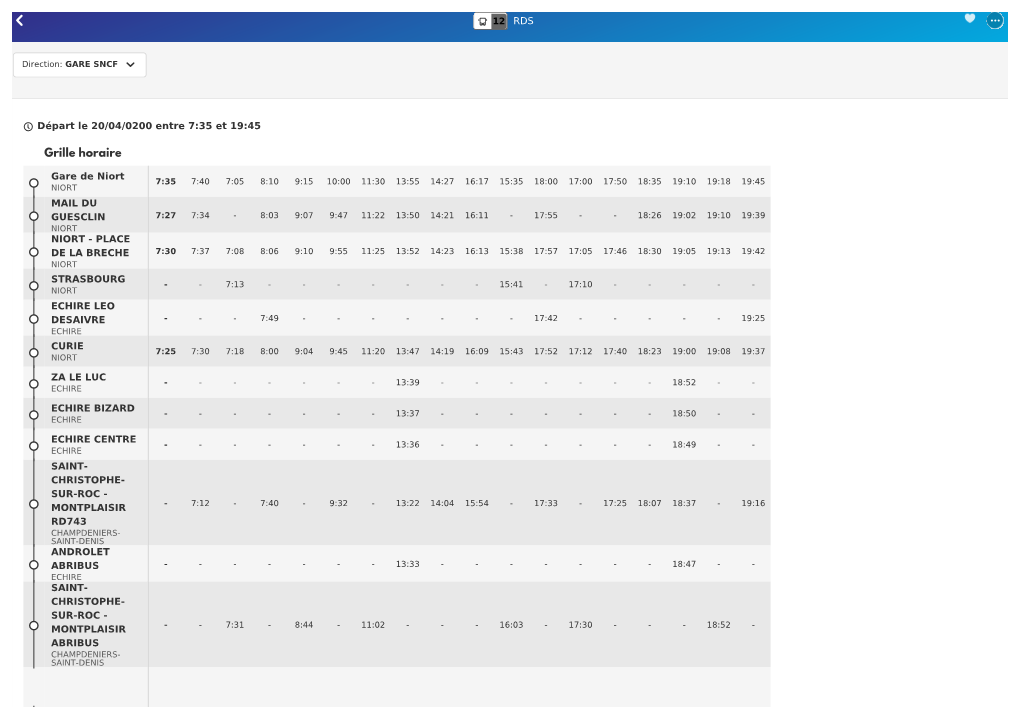 RDS 12 Départ Le 20/04/0200 Entre 7:35 Et 19:45 Gare De Niort MAIL