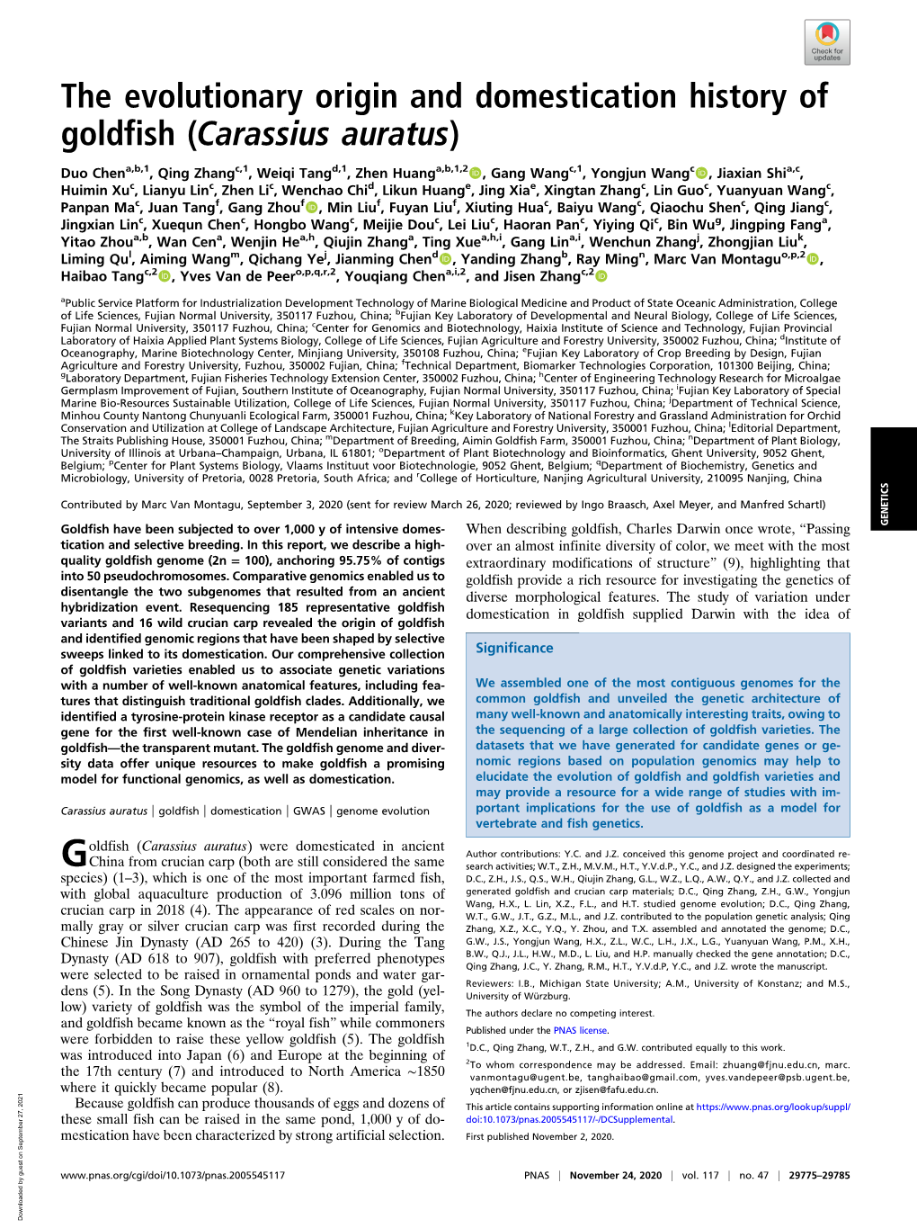 The Evolutionary Origin and Domestication History of Goldfish (Carassius Auratus)