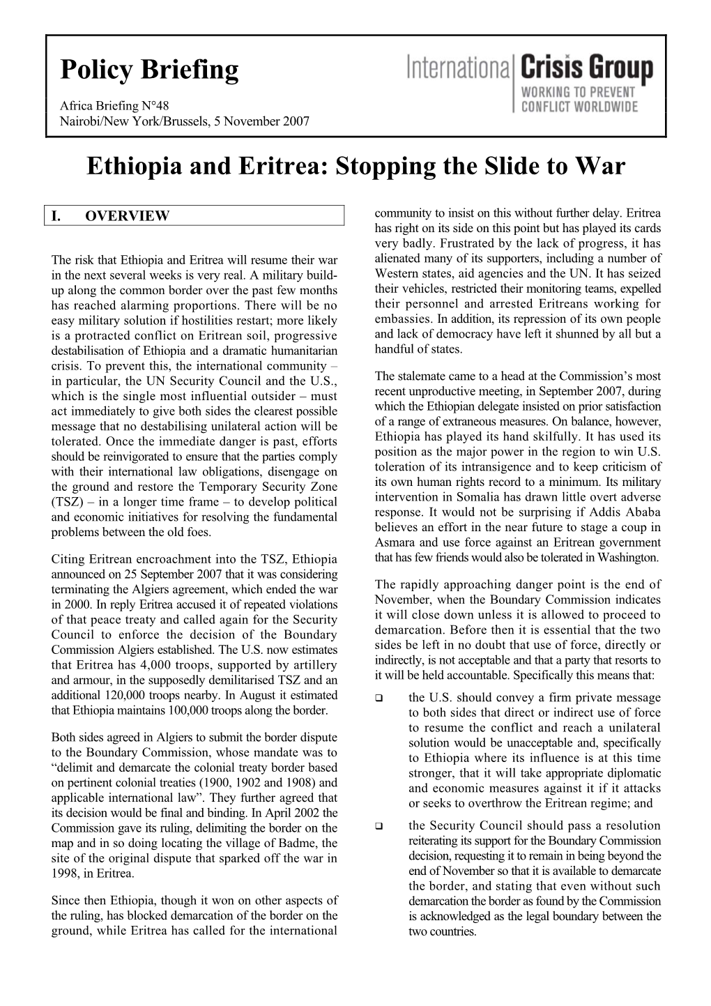 Ethiopia and Eritrea: Stopping the Slide to War