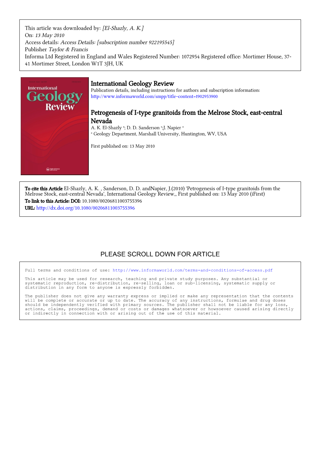 International Geology Review Petrogenesis of I-Type Granitoids