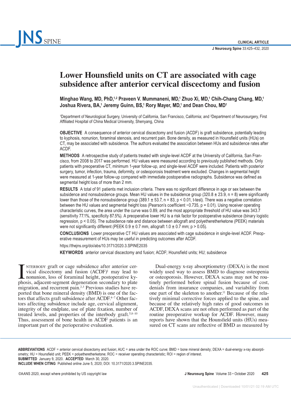 Lower Hounsfield Units on CT Are Associated with Cage Subsidence After Anterior Cervical Discectomy and Fusion