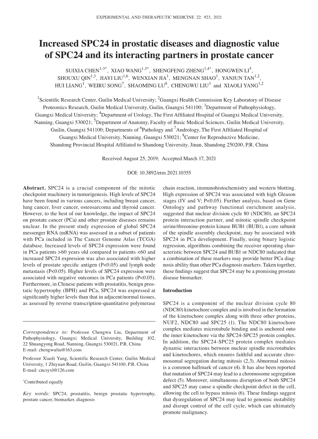 Increased SPC24 in Prostatic Diseases and Diagnostic Value of SPC24 and Its Interacting Partners in Prostate Cancer