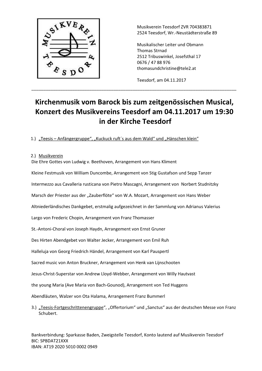 Kirchenmusik Vom Barock Bis Zum Zeitgenössischen Musical, Konzert Des Musikvereins Teesdorf Am 04.11.2017 Um 19:30 in Der Kirche Teesdorf