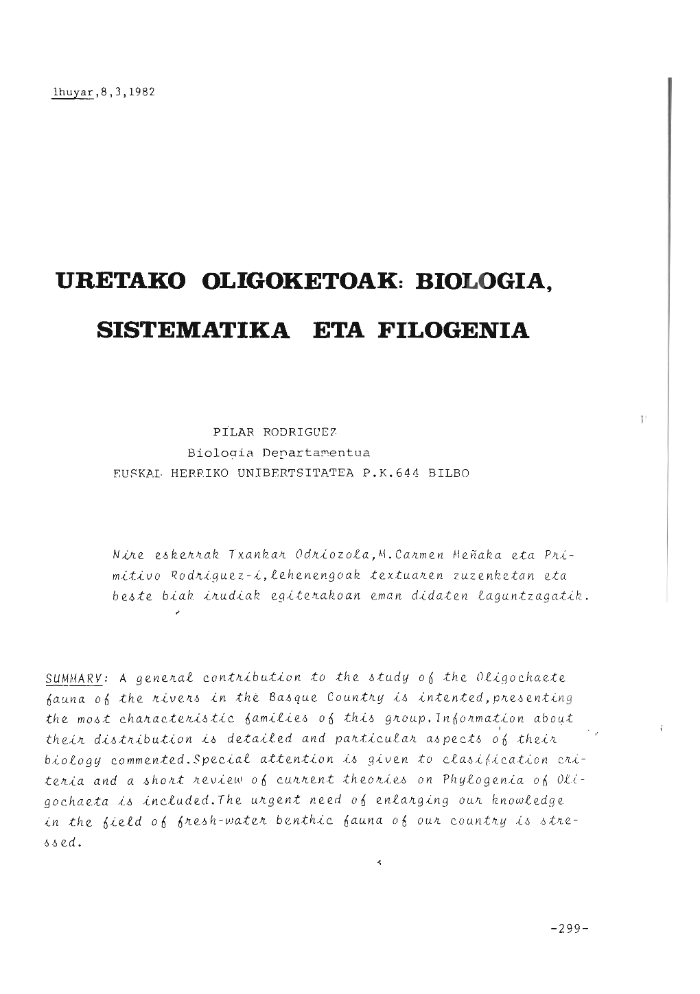 Uretako Oligoketoak: Biologia, Sistematika Eta Filogenia