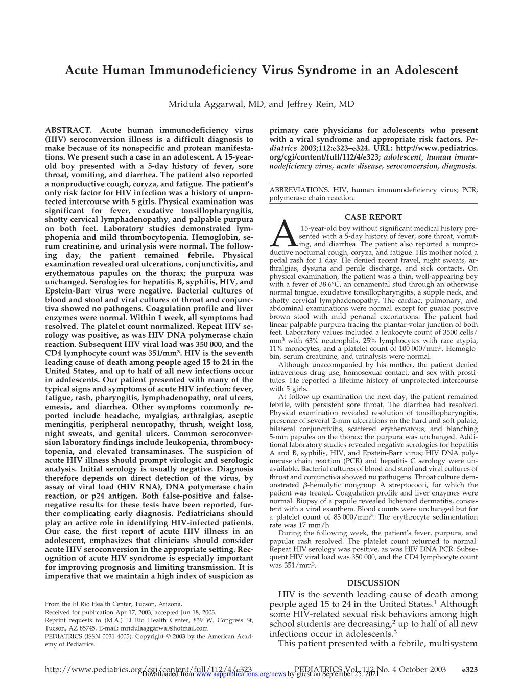 Acute Human Immunodeficiency Virus Syndrome in an Adolescent