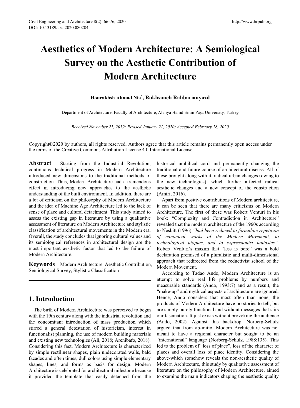 Aesthetics of Modern Architecture: a Semiological Survey on the Aesthetic Contribution of Modern Architecture