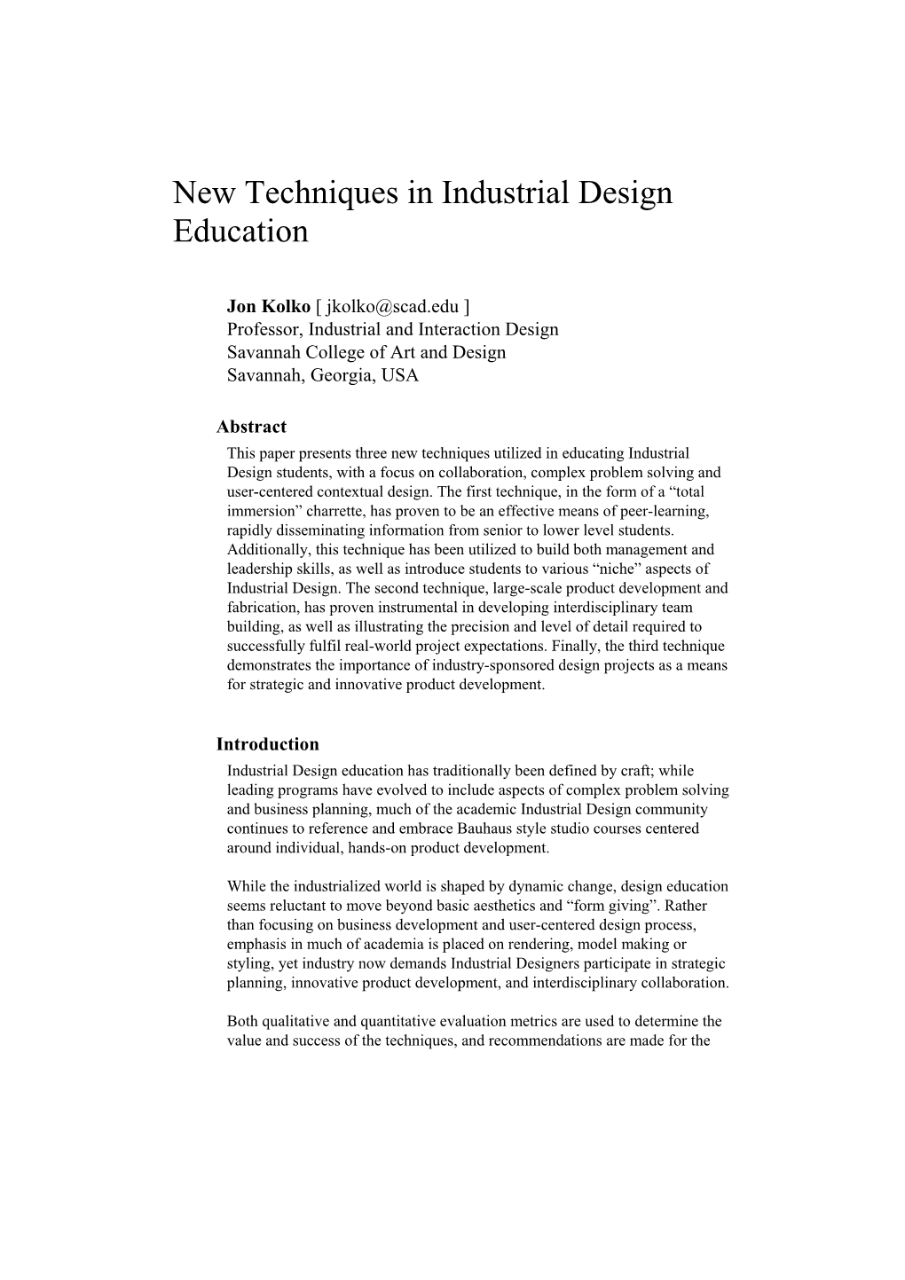 New Techniques in Industrial Design Education