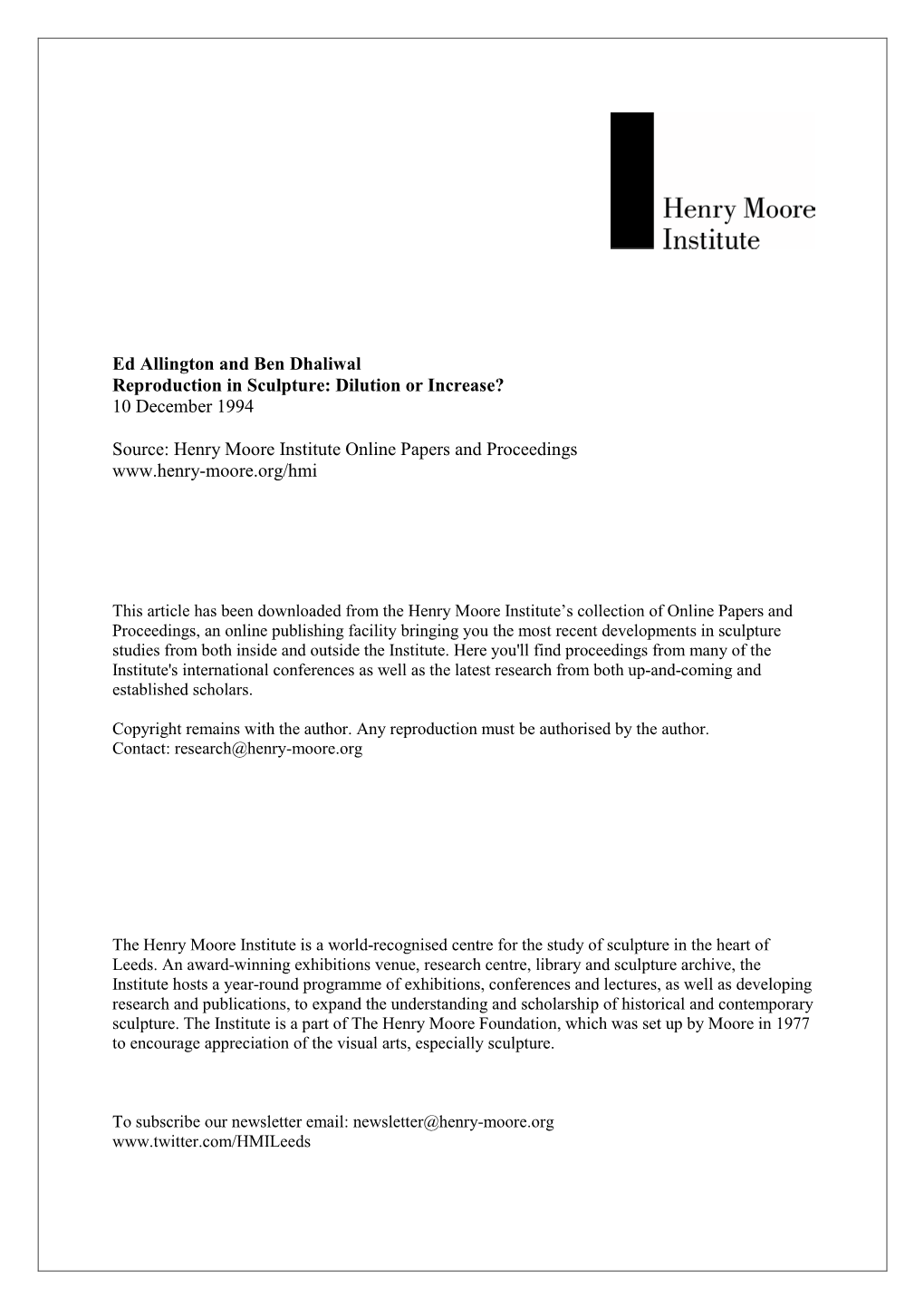 Henry Moore Institute Online Papers and Proceedings