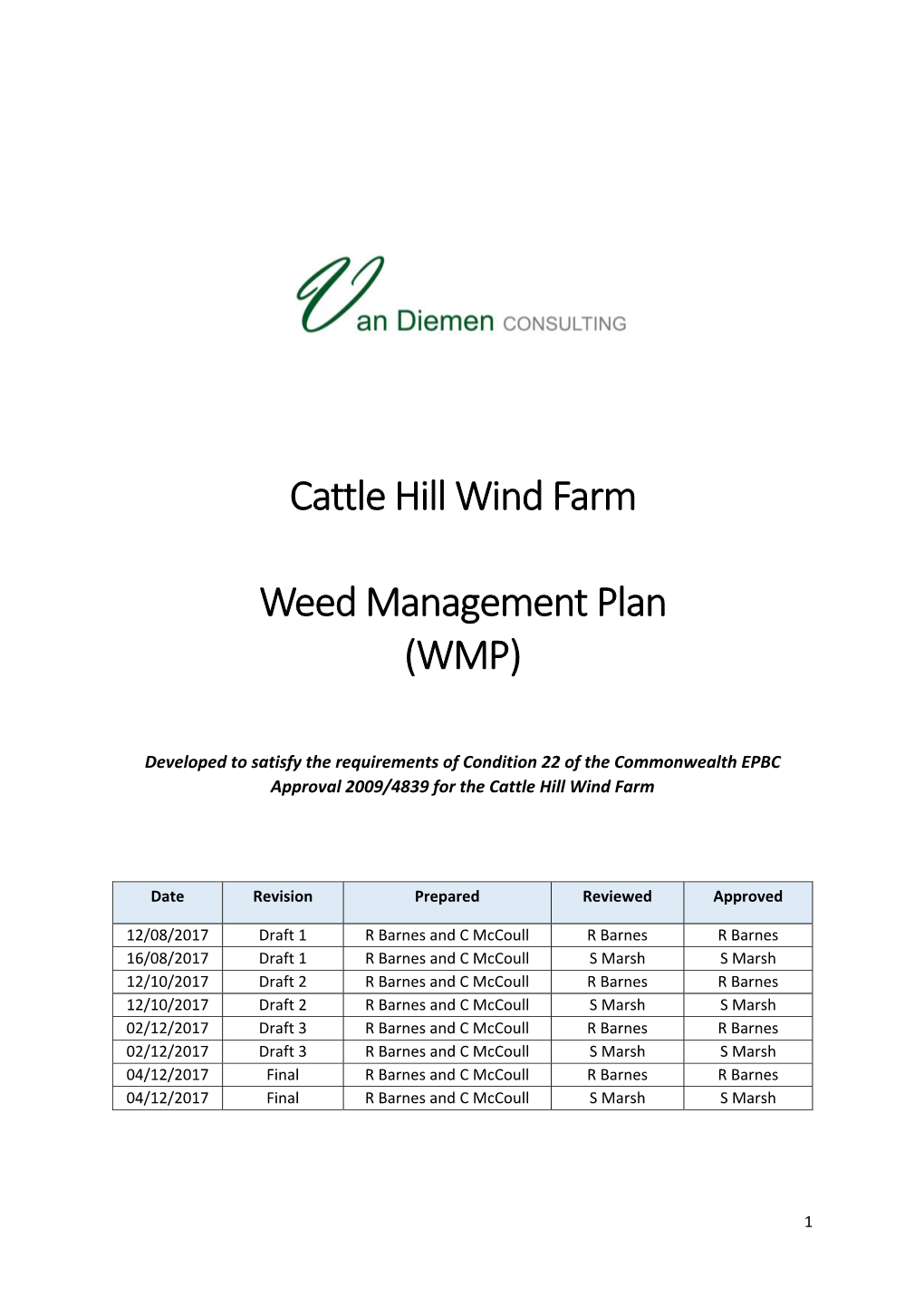 Cattle Hill Wind Farm Weed Management Plan (WMP)