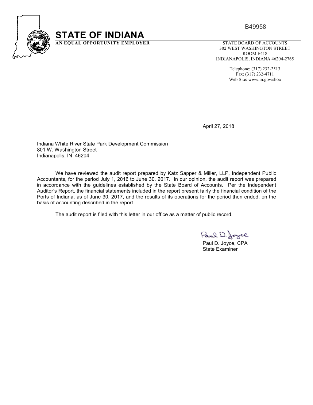 State of Indiana an Equal Opportunity Employer State Board of Accounts 302 West Washington Street Room E418 Indianapolis, Indiana 46204-2765