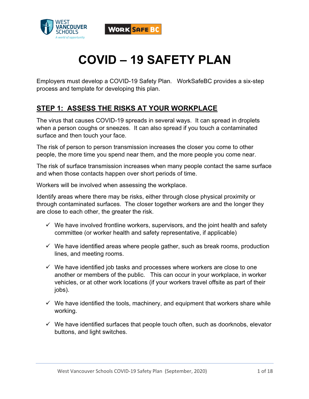 Covid – 19 Safety Plan