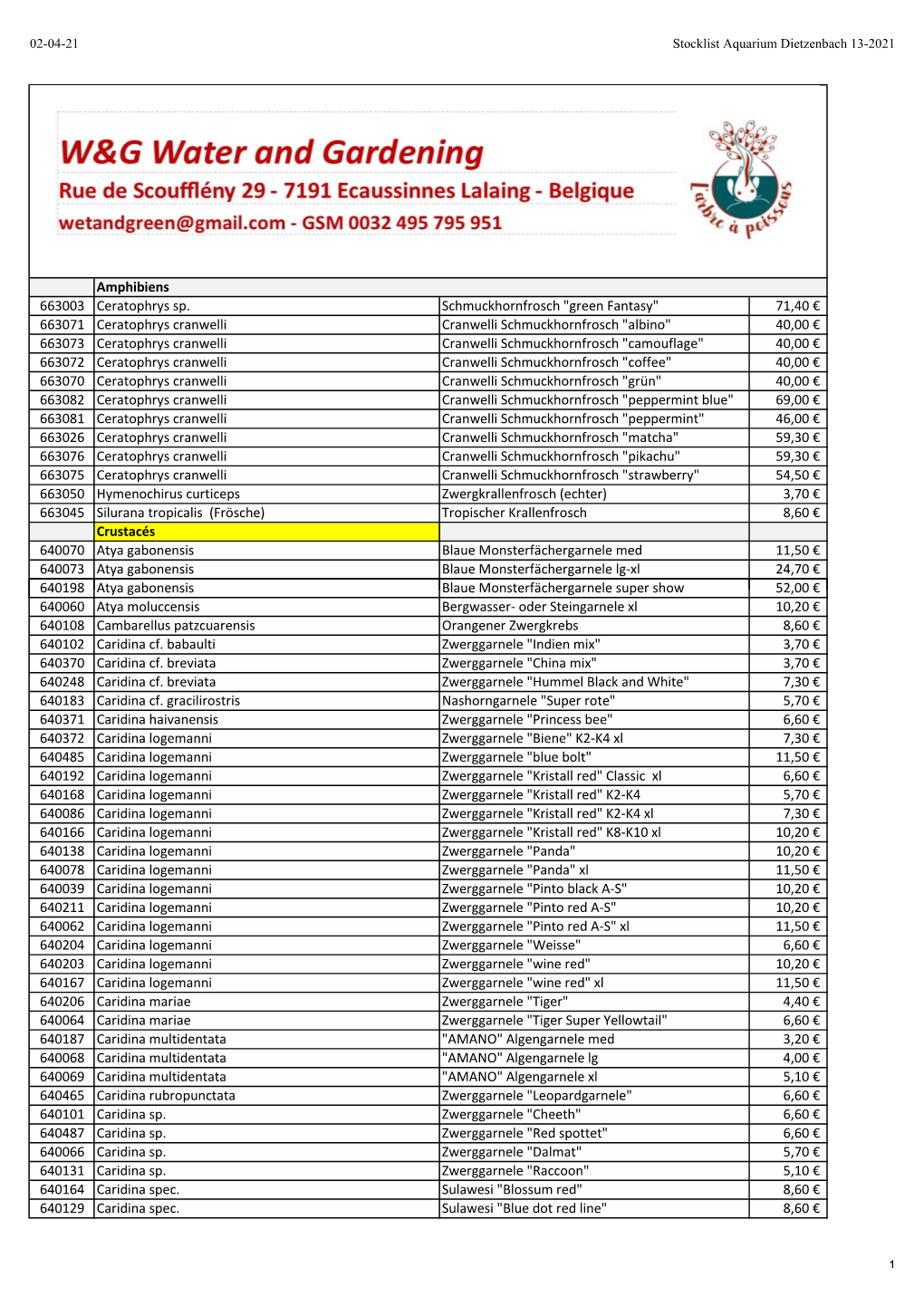 Stocklist Aquarium Dietzenbach 13 2021.Pdf