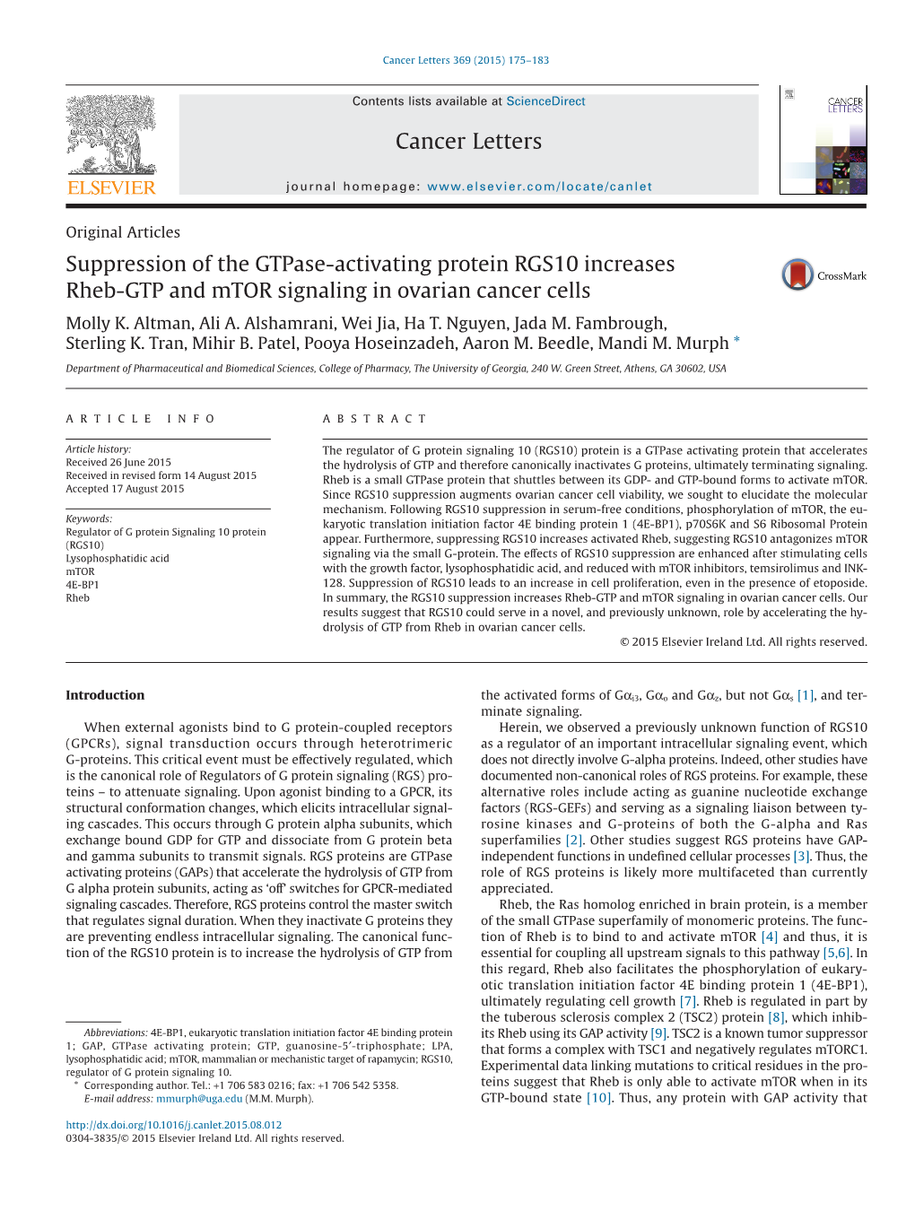Suppression of the Gtpase-Activating Protein RGS10 Increases Rheb-GTP and Mtor Signaling in Ovarian Cancer Cells Molly K