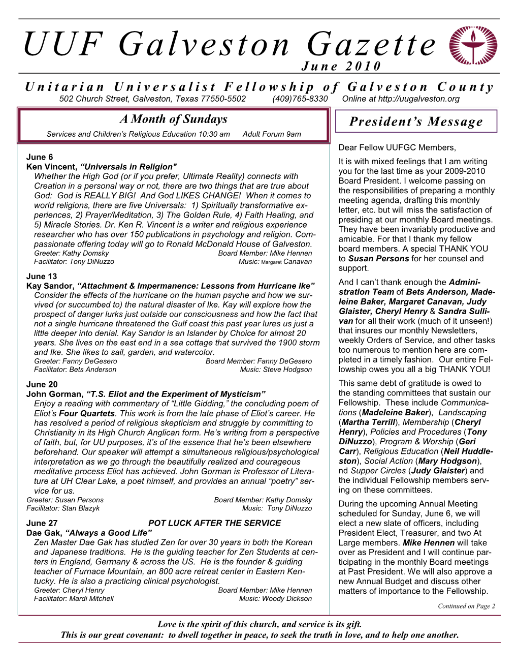 UUF Galveston Gazette June 2010