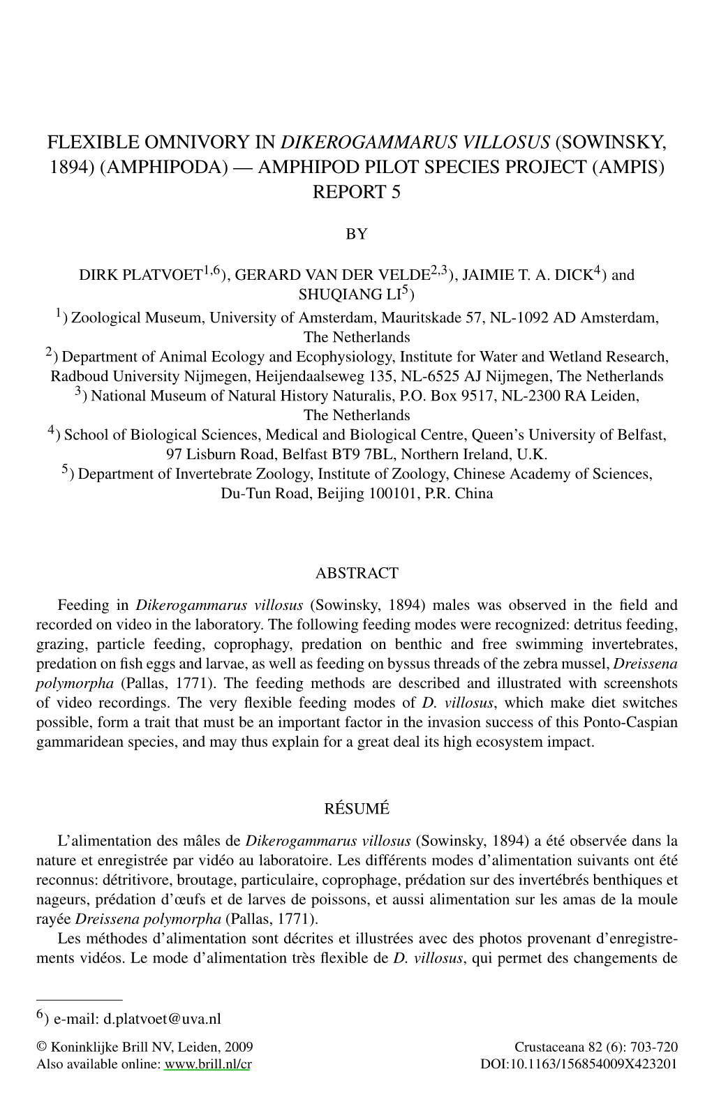 Flexible Omnivory in Dikerogammarus Villosus (Sowinsky, 1894) (Amphipoda) — Amphipod Pilot Species Project (Ampis) Report 5