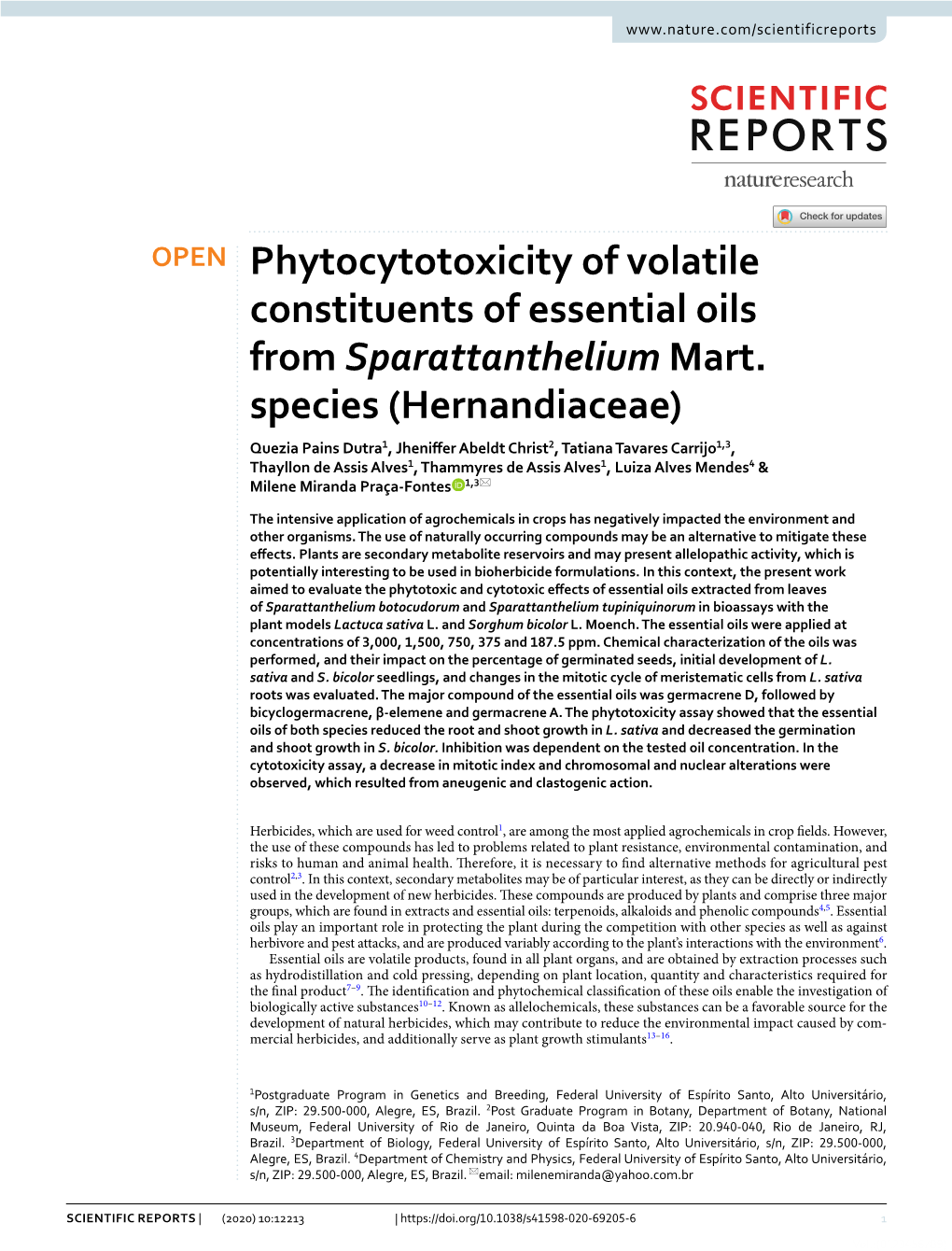 Phytocytotoxicity of Volatile Constituents of Essential Oils from Sparattanthelium Mart
