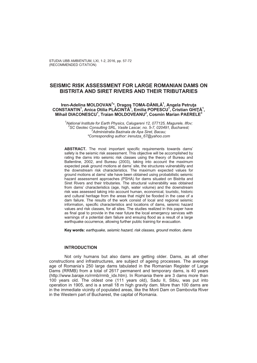 Seismic Risk Assessment for Large Romanian Dams on Bistrita and Siret Rivers and Their Tributaries