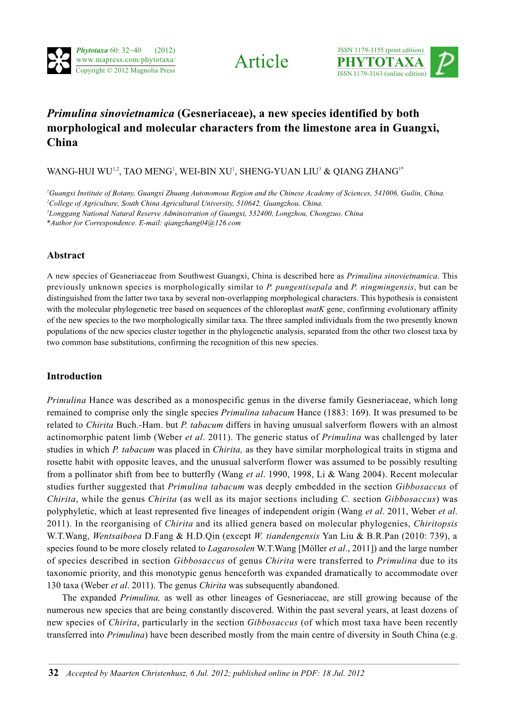 Primulina Sinovietnamica (Gesneriaceae), a New Species Identified by Both Morphological and Molecular Characters from the Limestone Area in Guangxi, China