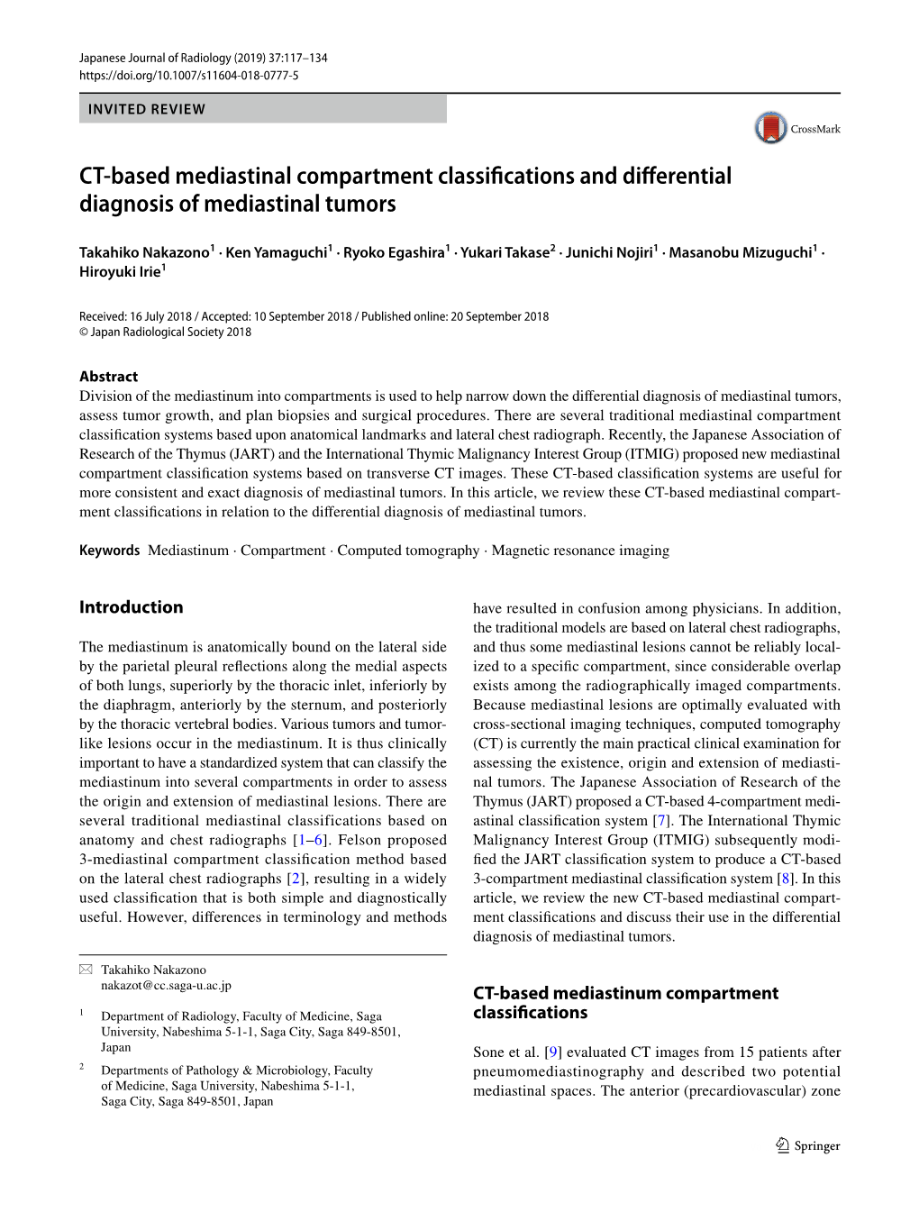 CT-Based Mediastinal Compartment Classifications and Differential