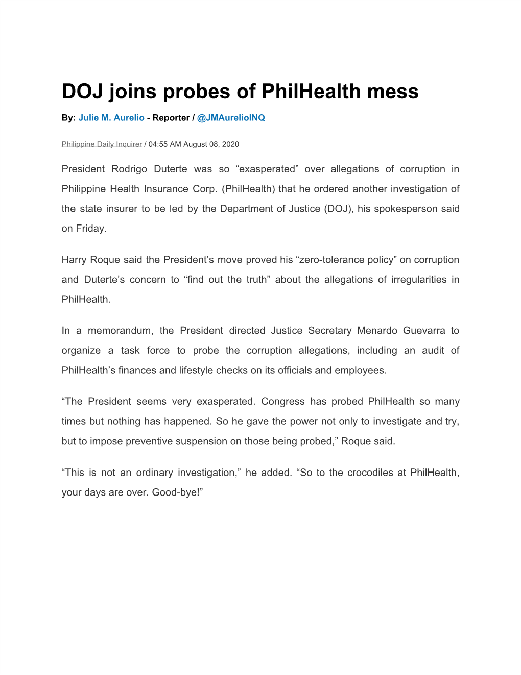 DOJ Joins Probes of Philhealth Mess