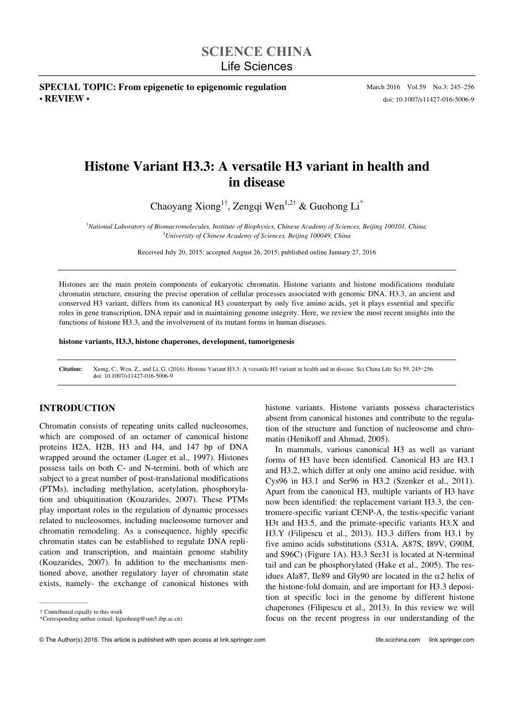 SCIENCE CHINA Histone Variant H3.3