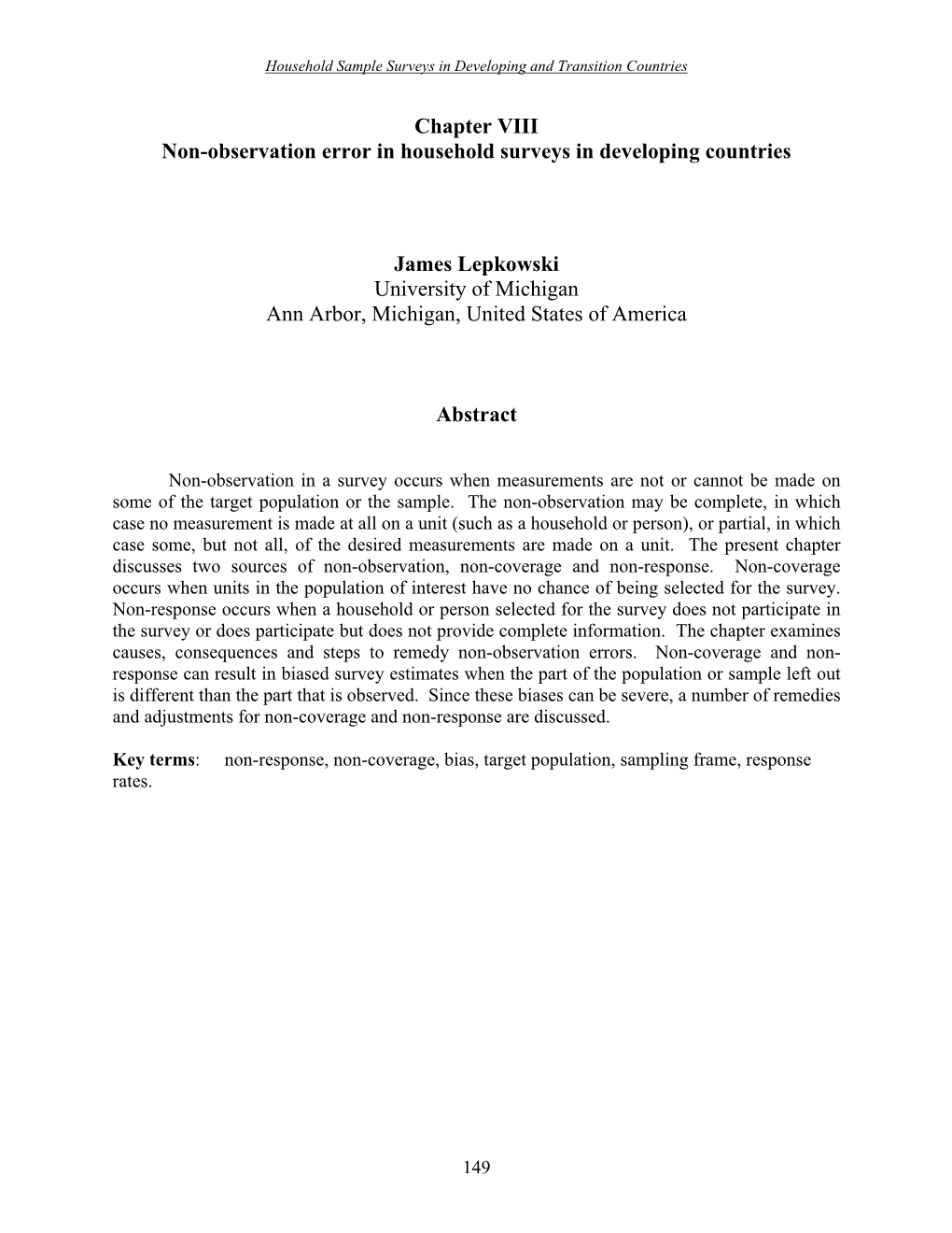 Chapter VIII Non-Observation Error in Household Surveys in Developing Countries