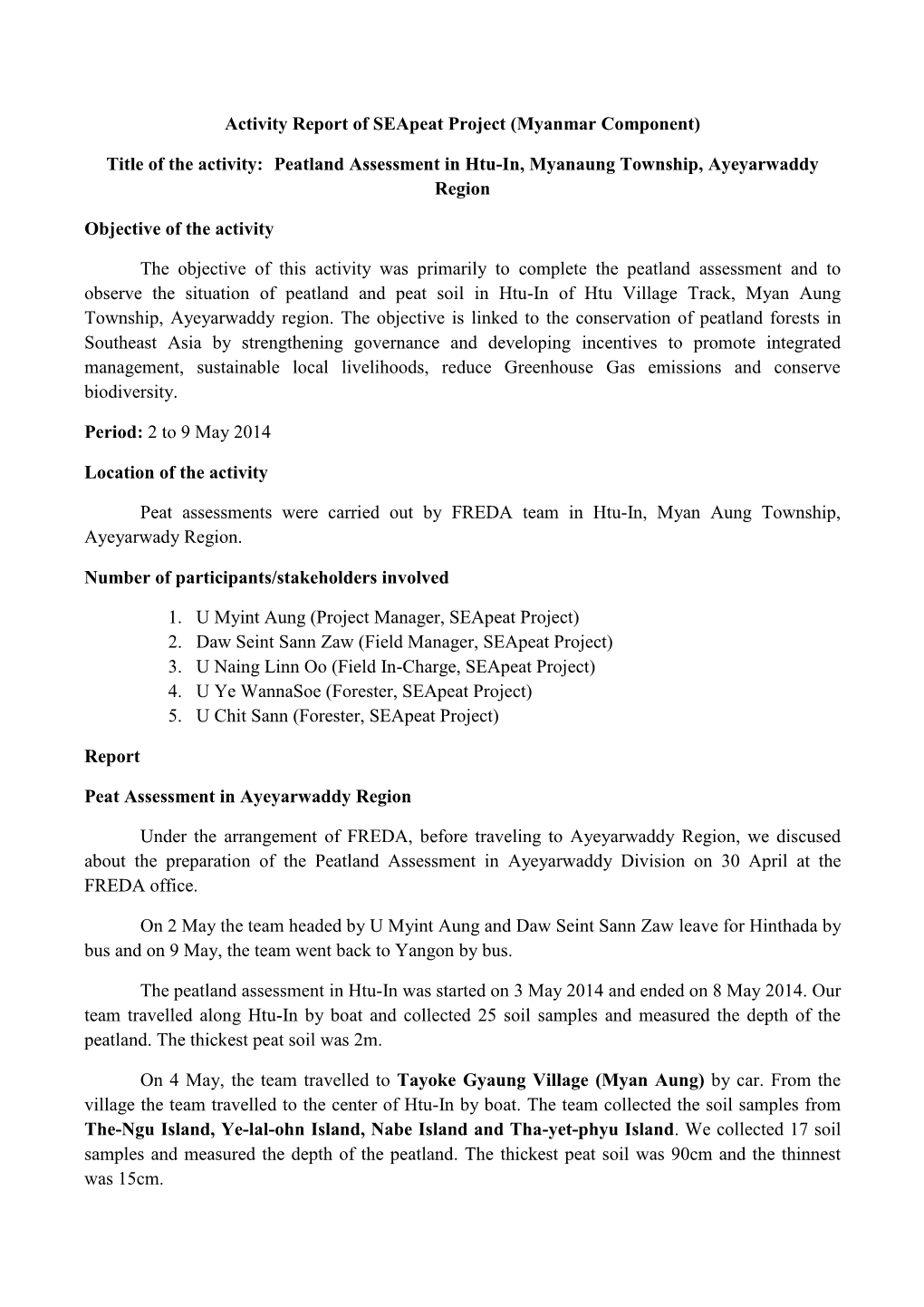 Peatland Assessment in Htu-In, Myanaung Township, Ayeyarwaddy Region