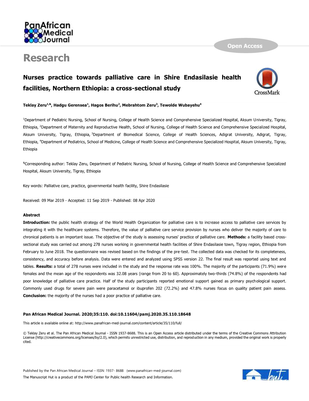 Nurses Practice Towards Palliative Care in Shire Endasilasie Health Facilities, Northern Ethiopia: a Cross-Sectional Study