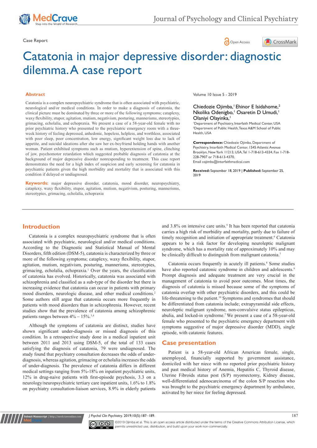 Catatonia in Major Depressive Disorder: Diagnostic Dilemma