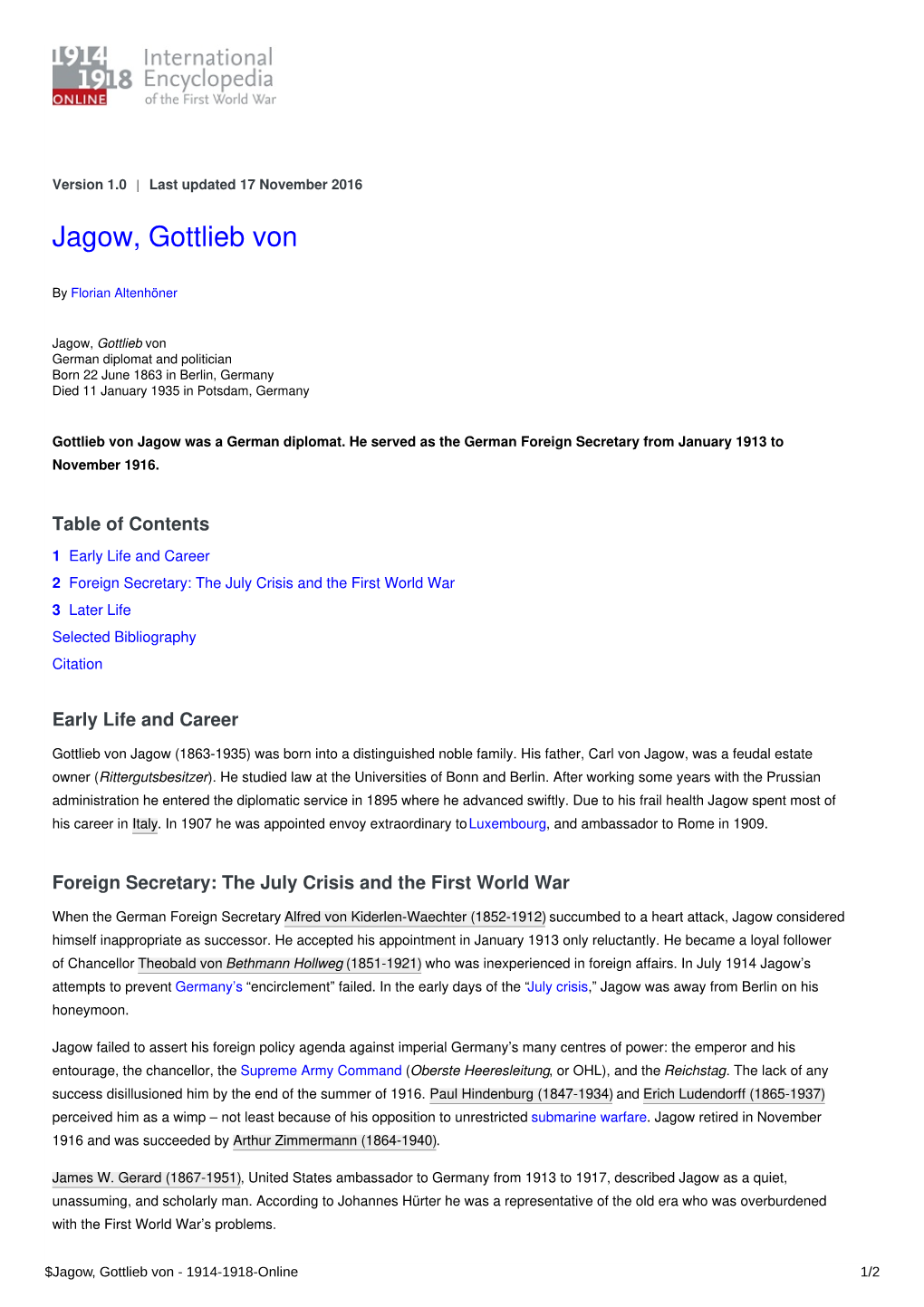 Jagow, Gottlieb Von | International Encyclopedia of the First World War