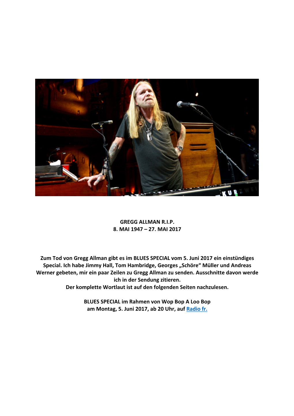 27. MAI 2017 Zum Tod Von Gregg Allman Gibt Es