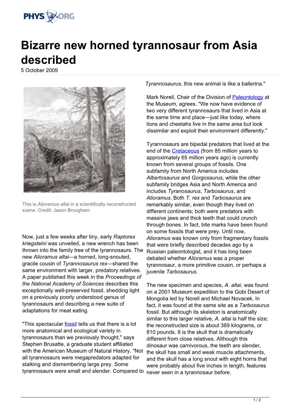 Bizarre New Horned Tyrannosaur from Asia Described 5 October 2009