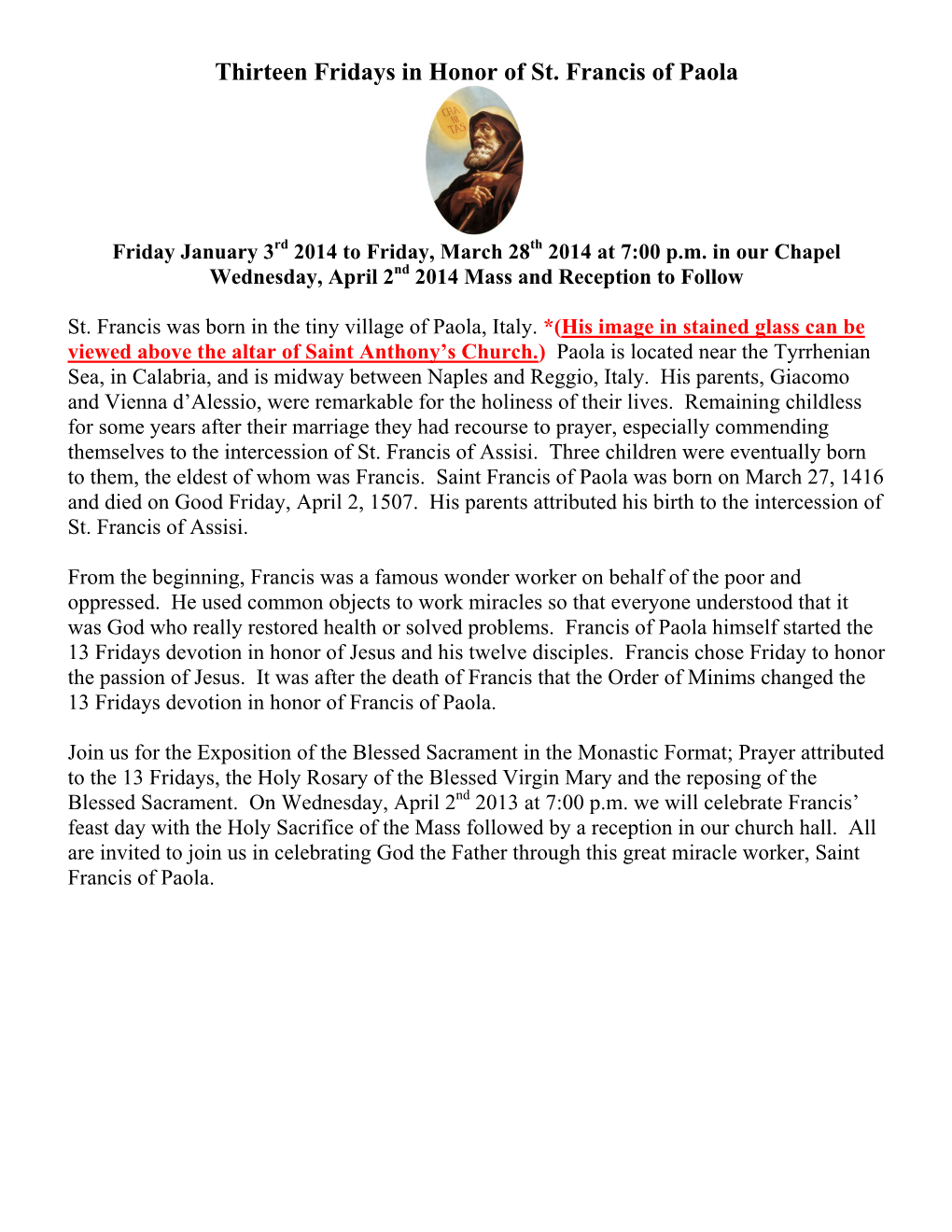 Thirteen Fridays in Honor of St. Francis of Paola