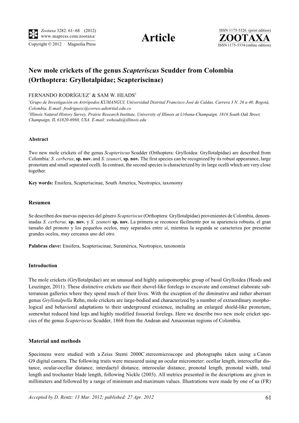 New Mole Crickets of the Genus Scapteriscus Scudder from Colombia (Orthoptera: Gryllotalpidae; Scapteriscinae)