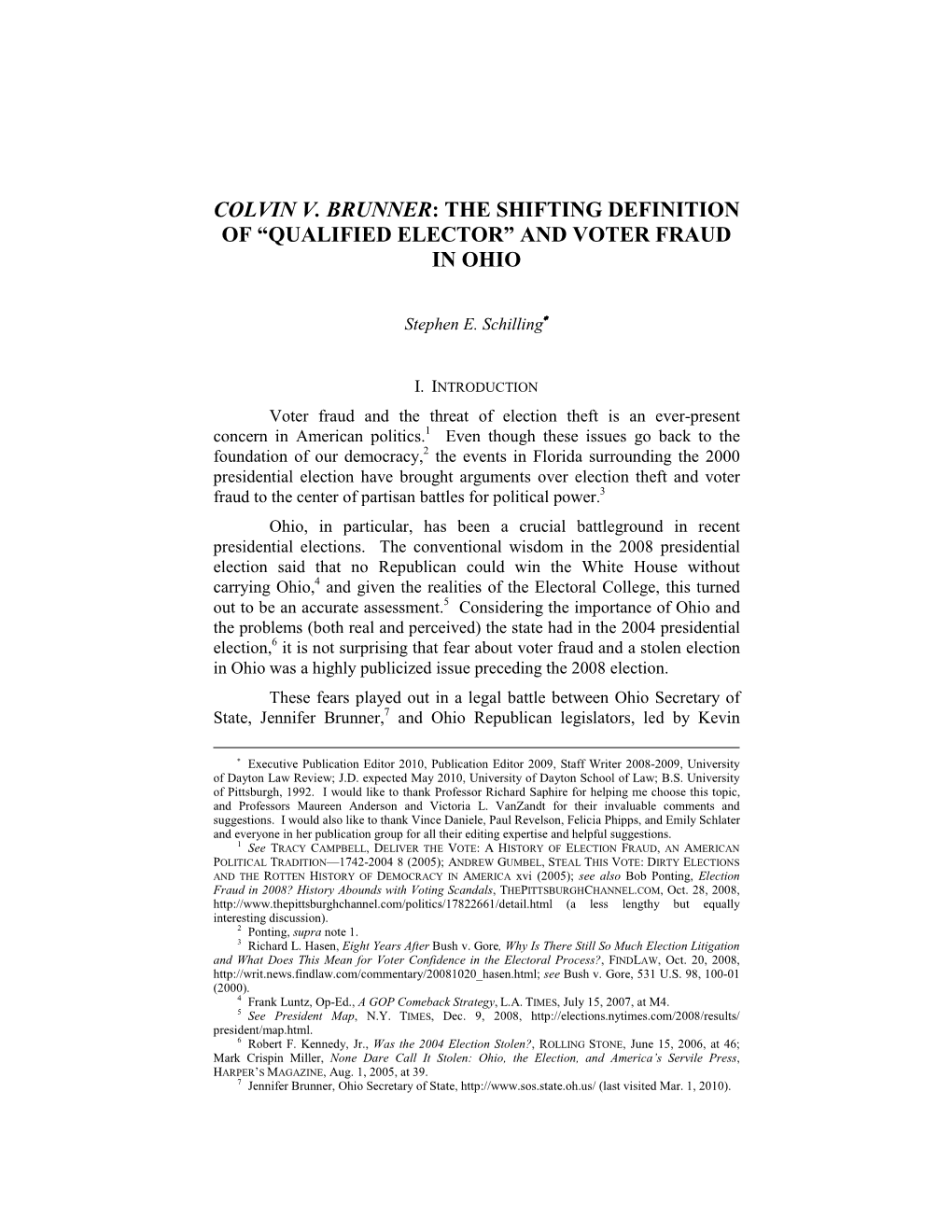 Colvin V. Brunner: the Shifting Definition of “Qualified Elector” and Voter Fraud in Ohio