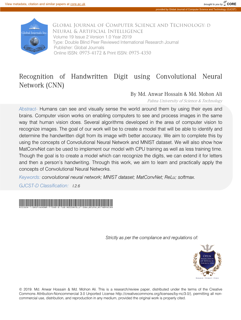 Recognition of Handwritten Digit Using Convolutional Neural Network (CNN) by Md