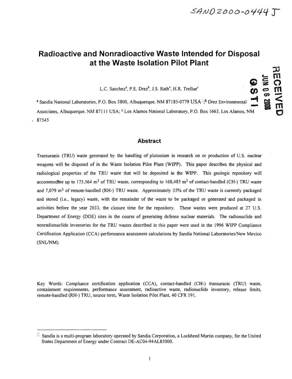 Radioactive and Nonradioactive Waste Intended for Disposal at the Waste Isolation Pilot Plant M G § O L.C