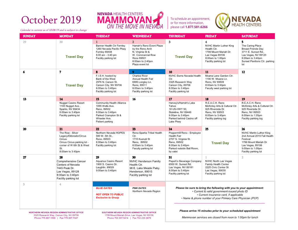 October 2019 Calendar Is Current As of 10/08/19 and Is Subject to Change