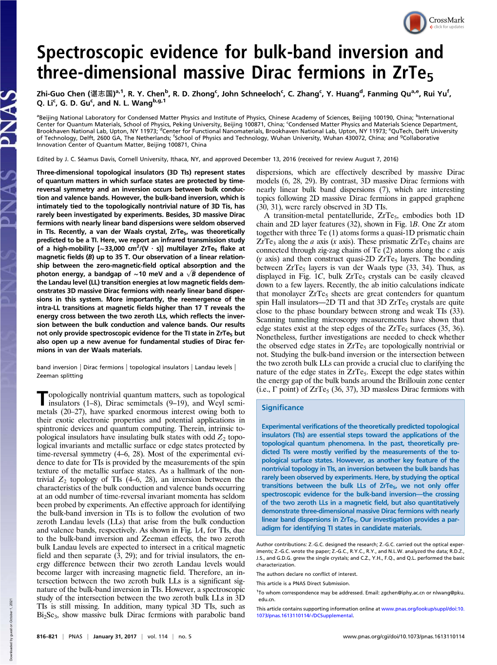 Spectroscopic Evidence for Bulk-Band Inversion and Three-Dimensional Massive Dirac Fermions in Zrte5