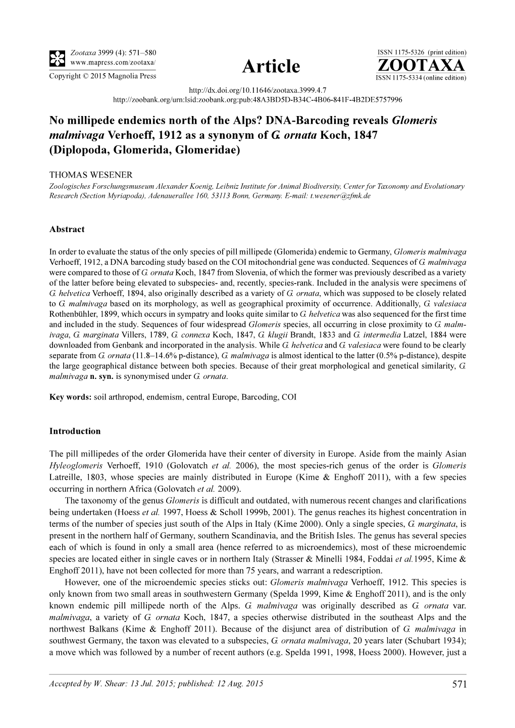 DNA-Barcoding Reveals Glomeris Malmivaga Verhoeff, 1912 As a Synonym of G