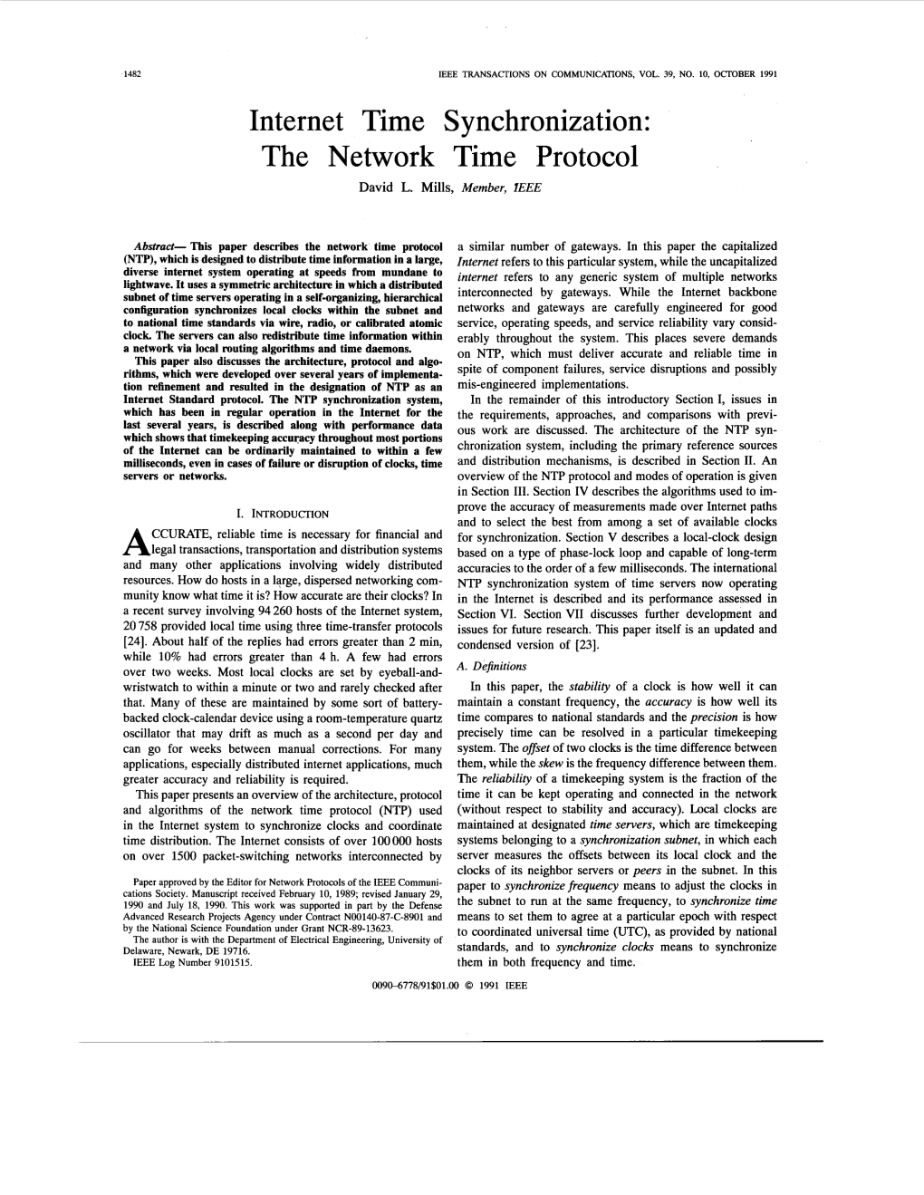 The Network Time Protocol David L