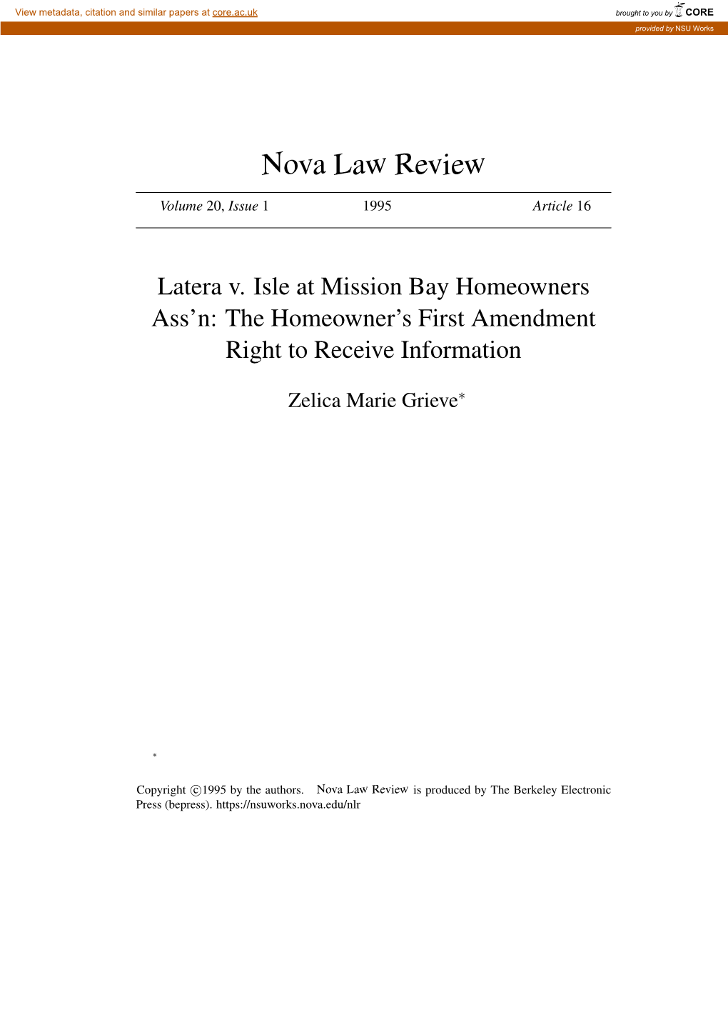 Latera V. Isle at Mission Bay Homeowners Ass'n: the Homeowner's F Latera V